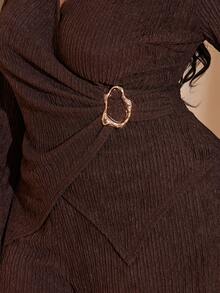 SHEIN BAE Spring/Summer Long-Sleeved Top Set, Pants Set, Knitted High-Elastic Set, Metal Buckle Set Brown Two Piece Set Women - Coffee Brown - View 7