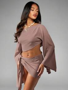 MISSGUIDED Off Shoulder Textured Cover Up With Bell Sleeves And Asymmetric Wrap Skirt Beach Resort Linen Feel Co Ord - Grey - View 3