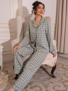 Lazeform 格子翻领长袖上衣和长裤睡衣套装，舒适优雅的细节设计，秋冬服装 - 灰色 - 查看 4