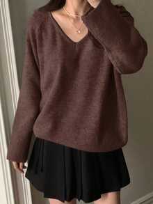 DAZY Women's V-Neck Solid Color Casual Versatile Long Sleeve Pullover Sweater - Brown - View 4