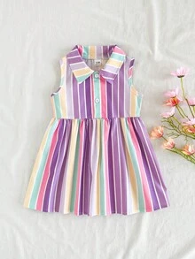 SHEIN Vintaside Kids 女婴可爱彩色格子无袖polo领连衣裙，适合夏季购物和户外玩耍 - 紫色 - 查看 5