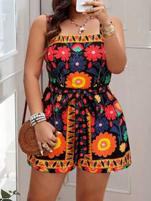 SHEIN PETITE CURVE Plus Size Women Random Print Casual Jumpsuit, Suitable For Summer Wear - Multicolor - View 1