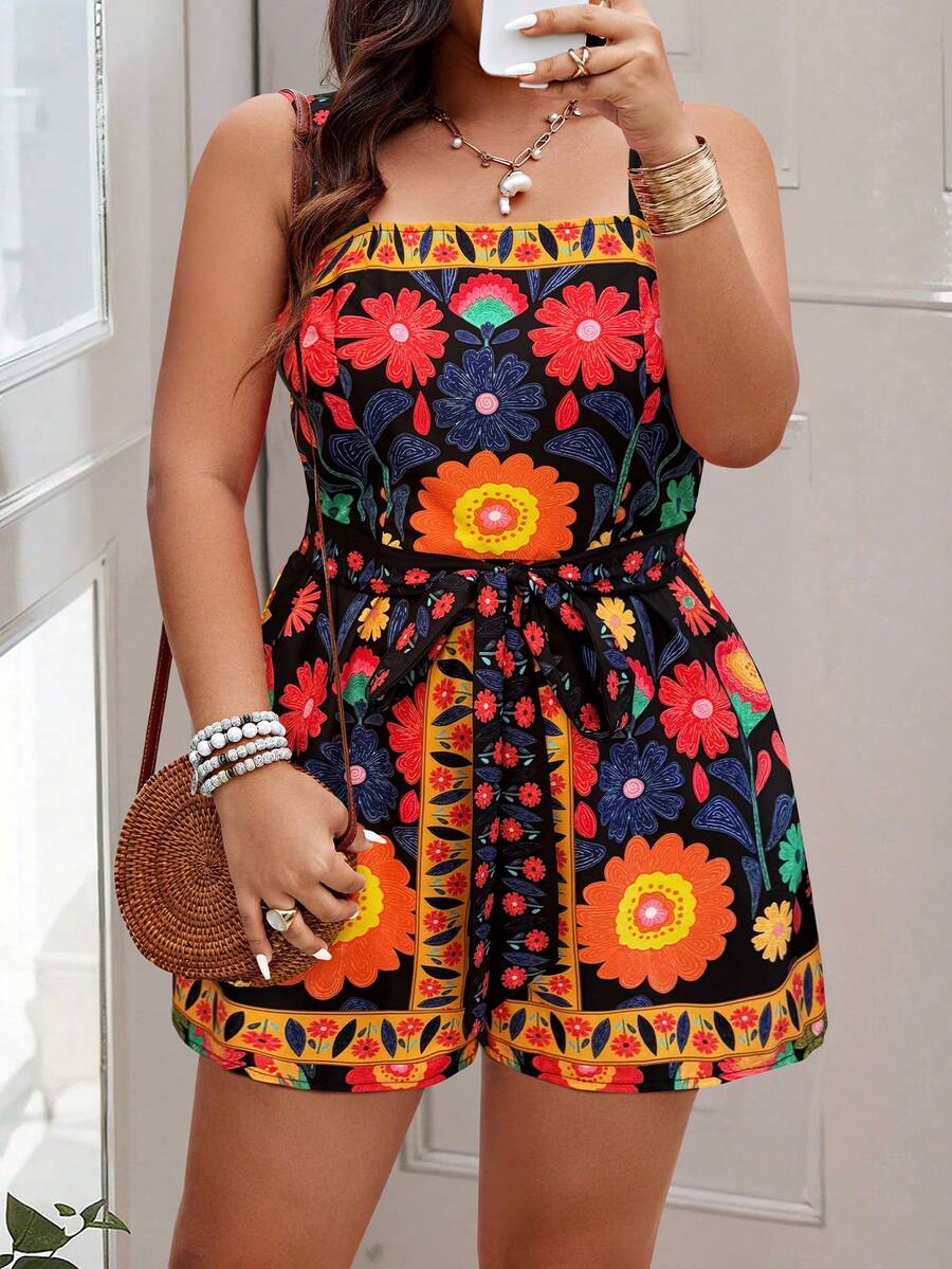 SHEIN PETITE CURVE Plus Size Women Random Print Casual Jumpsuit, Suitable For Summer Wear - Multicolor - View 1