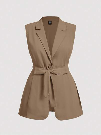 SHEIN MOD Chaleco de mujer con cintura ceñida y lazo, sin mangas, talla grande, para otoño/invierno