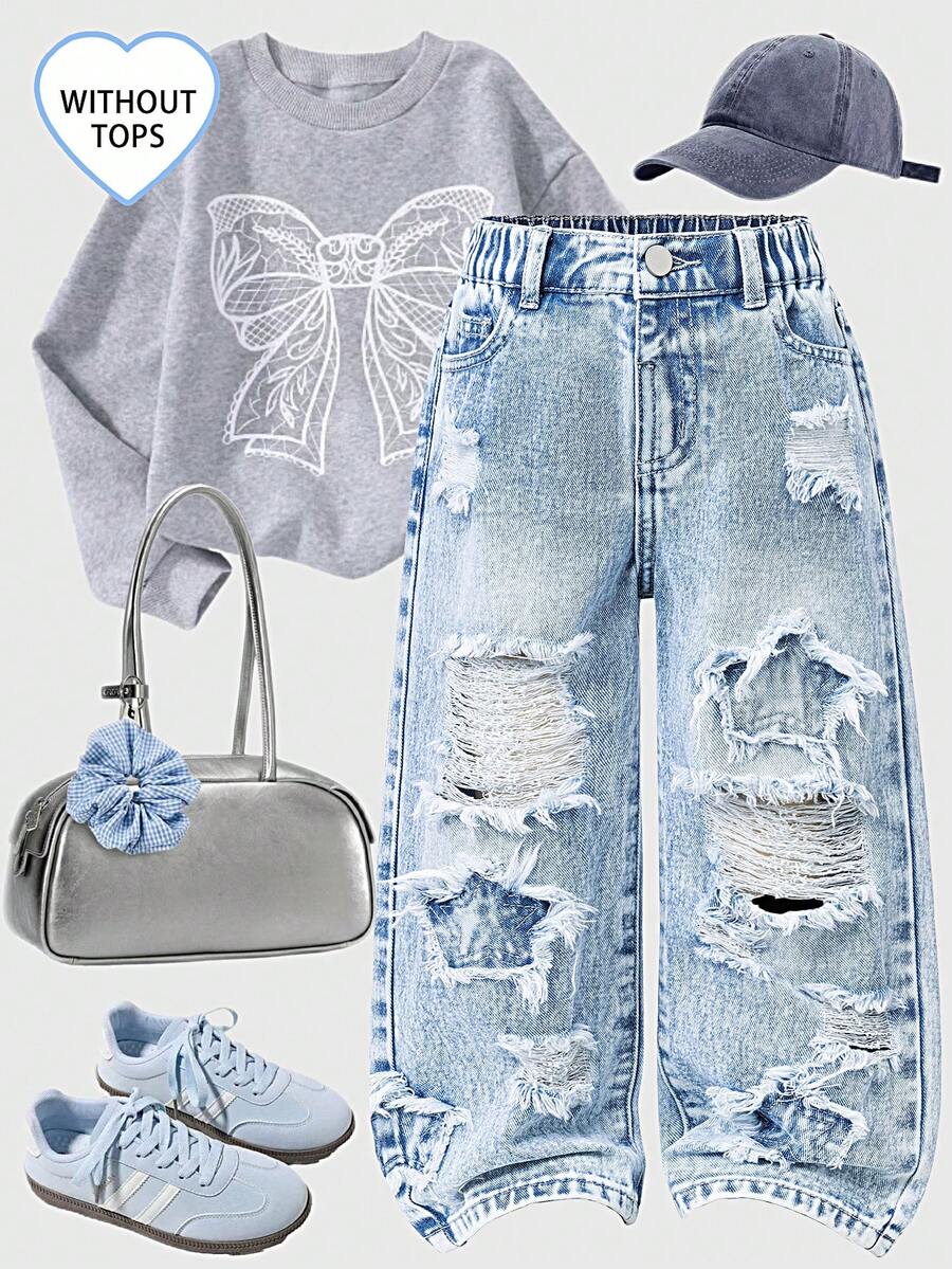 Jeans rectos con bordados y desgaste para niñas jóvenes, de estilo universitario casual y cómodo. Lavado claro, tela suave de color azul - Lavado ligero - Ver 1