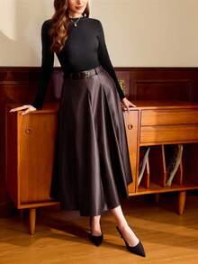 Vintamour 复古经典优雅女士百褶裙，秋冬宽松PU皮A字裙，带腰带和口袋，黑色长裙 - 巧克力棕 - 查看 6