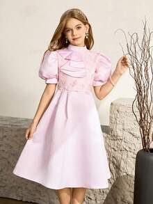 SHEIN Tween Girl Fashion Party Banquet Mock Neck Jabot Collar Bubble Sleeve Embroidered Decor Waist Fit Dress - Pink - View 3