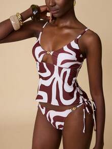 Swim Chiccia Women's Sexy Beach Vacation Style All-Over Print Chest Hollow Tankinis Swimsuit - Multicolor - View 1