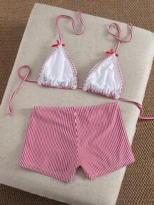 Swim Mod Summer Vacation Striped Print Lace Ruffle Bow Decor Tankini Swimsuit Set - Multicolor - View 3