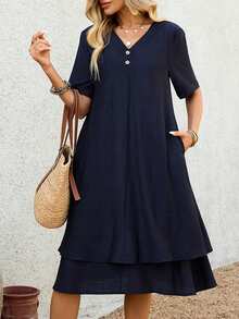 EMERY ROSE Women's Casual V-Neck Loose Short Sleeve Dress, Summer Vacation Summer Dress Summer Outfits Going Out Outfits Plain Summer Dresses For Women Casual Dress For Women Blue Dress Holiday Outfits Casual Dresses For Women Blue Dresses For Women Summer Dress Going Out Outfits Teacher Outfits For Women Country Outfits For Women Women Vacation Dress Navy Blue Dress Women Short Sleeve Summer Dress - Navy Blue - View 6