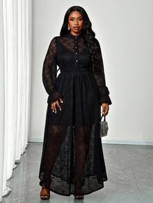 Truni 大码女士优雅透视黑色蕾丝连衣裙，荷叶边袖，适合派对、约会等场合穿着。大码透视长袖连衣裙，适合梨形和三角形身材。 - 黑色 - 查看 4