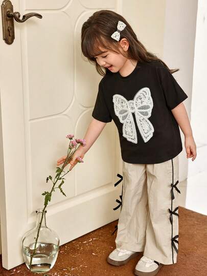 Genkimix Kids 2pcs/Set Young Girl Emboidery Bow Loose Sweet Shirt And Pants, School T-Shirt And Pants For Girl