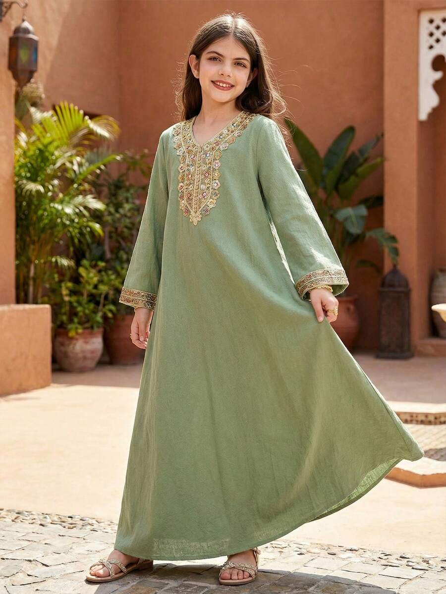 SHEIN رمضان جلابيه   Tween Girls' Casual Round Neck Short Sleeve Dress  الملابس التقليدية العربية - Green - View 1