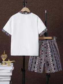 SHEIN 两件套儿童/青少年男童休闲舒适撞色翻领开襟宽松衬衫短裤套装，适合春夏季节、外出、情人节、约会、旅行、度假、家庭聚会、返校、婚礼、晚宴、运动、生日派对等场合。 - 彩色 - 查看 5