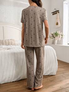 Moonlight&Mama 2pcs Maternity Casual V-Neck Short Sleeve Top And Pants Pajama Set With Butterfly Print - Mocha Brown - View 2