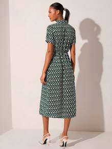 Lilora Women's Elegant Geometric Print Tie Neck Short Sleeve Shirt Dress,Green Summer Patterned Dress For Office,Sophisticated Casual Spring Summer Dress - Multicolor - View 2