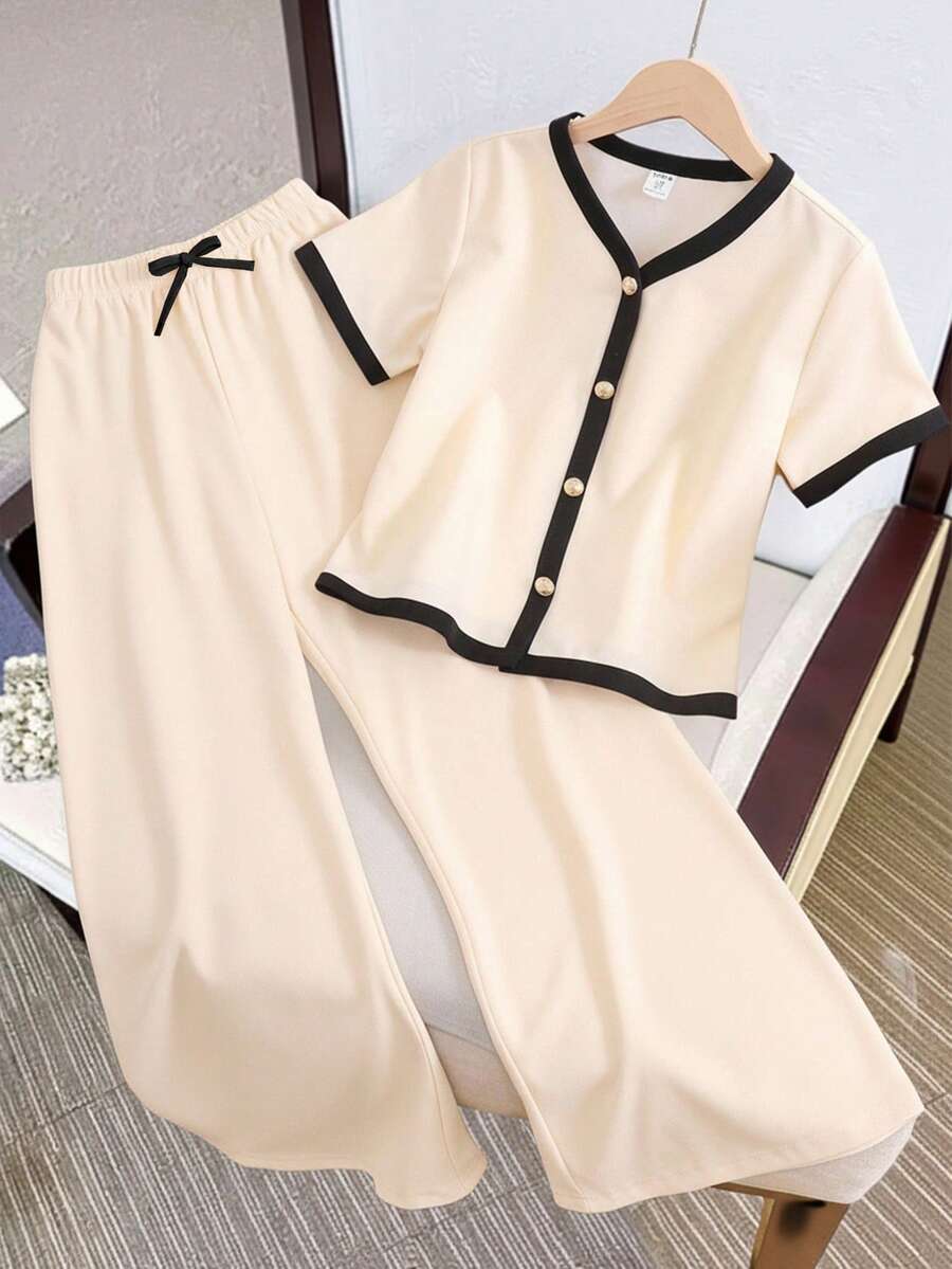 SHEIN 2pcs Tween Girl Contrast Color V-Neck Short Sleeve Shirt And Casual Pants Set,Kids - Apricot - View 1