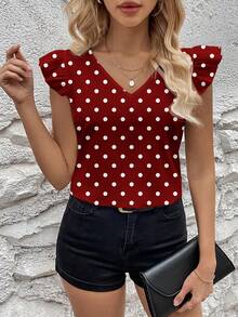 SHEIN Clasi Áo sơ mi ngắn tay nữ kiểu dáng tối giản, màu đỏ đậm với họa tiết chấm bi trắng khắp thân áo, đa năng, phù hợp cho mùa xuân/hè. - Nhiều màu - Xem 4