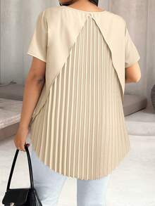 Elenzga Plus Size Solid Color Asymmetric Hem Round Neck Short Sleeve Shirt - Khaki - View 3