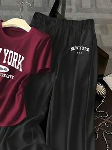 Resyla 女士字母印花褶皱圆领短袖T恤和阔腿裤休闲两件套 - 彩色 - 查看 3