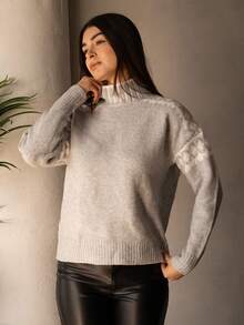 Andrea Bello Women's Geometric Pattern Stand Collar Drop Shoulder Long Sleeve Loose Casual Sweater, Autumn/Winter,Knitted Sweater - Apricot - View 1