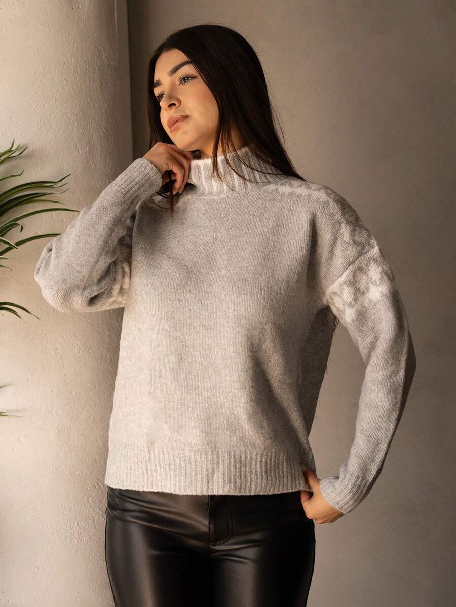 Andrea Bello Women's Geometric Pattern Stand Collar Drop Shoulder Long Sleeve Loose Casual Sweater, Autumn/Winter,Knitted Sweater - Apricot - View 1