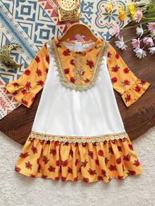 SHEIN 女童印花撞色短袖拉链露背喇叭连衣裙，夏季 - 彩色 - 查看 3