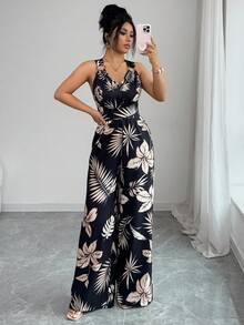 Rafferiza Bộ jumpsuit kaki dáng suông, cổ chữ V, hở lưng, in họa tiết lá cây, cổ xếp ly, màu kaki, thích hợp cho kỳ nghỉ hè, dành cho nữ. - Nhiều màu - Xem 7