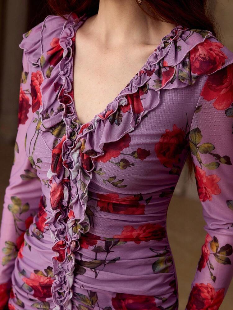 WOMEN'S ROMANTIC ROSE PRINT LONG SLEEVE MID-LENGTH DRESS, SPRING/SUMMER