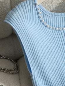 Lyxana Women's Pearl Decor Round Neck Solid Color Fitted Knit Top, Spring/Summer - Blue - View 5