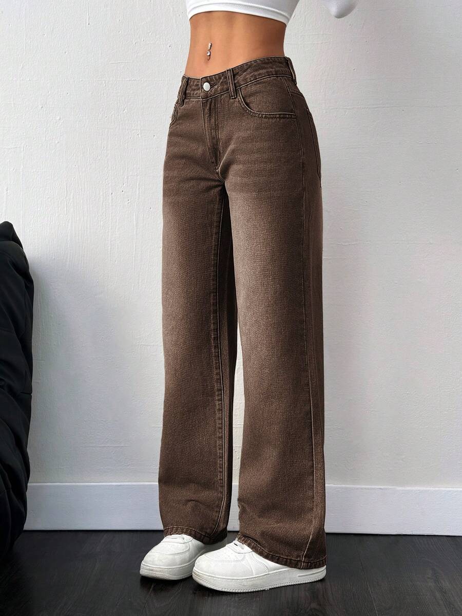 SHEIN PETITE 女款口袋寬鬆寬腿休閒百搭牛仔褲 棕色高腰西式牛仔褲 女牛仔褲 小碼女款 - 咖啡棕 - 查看 1