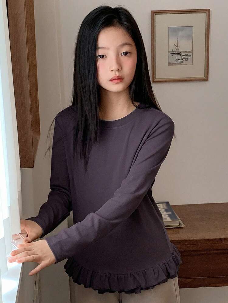Tween Girls' Casual Embellished Ruffle Hem Long Sleeve T-Shirt, Autumn Spring