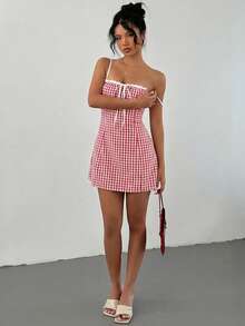 Aloruh 女士纯棉红白格子吊带修身迷你A字蕾丝边连衣裙 - 紅色 - 查看 5
