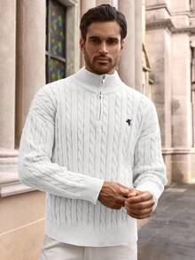 HIMLAND Men's Autumn/Winter Zipper Half-Open Chest Drawstring Fashionable Knitted Crew Neck Pullover Sweater, Casual - White - View 5