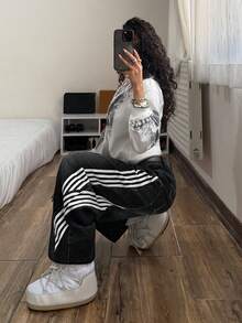 StreetHx 女士休闲日常通勤时尚街头运动低腰撞色条纹侧边宽松阔腿牛仔裤 - 黑色 - 查看 3