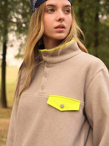 SHEIN In My Nature 女士撞色高领休闲长袖户外抓绒外套，秋冬季 - 卡其色 - 查看 7