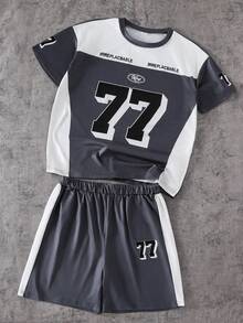 Vacaura 两件套休闲街头风撞色设计T恤短裤套装，适合青少年男孩，简约时尚，适合日常、通勤、休闲穿着。 - 深灰色 - 查看 3