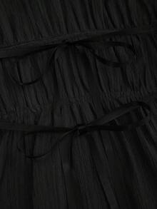 Sweetra 2pcs/Set Jumpsuit Tanpa Lengan Minimalis Warna Polos dengan Ikat Pinggang - Hitam - View 7
