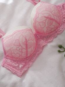 DelicateAllure 3/4罩杯蕾丝拼接聚拢钢圈文胸，可爱、甜美、浪漫，适合女性日常穿着 - 粉色 - 查看 3