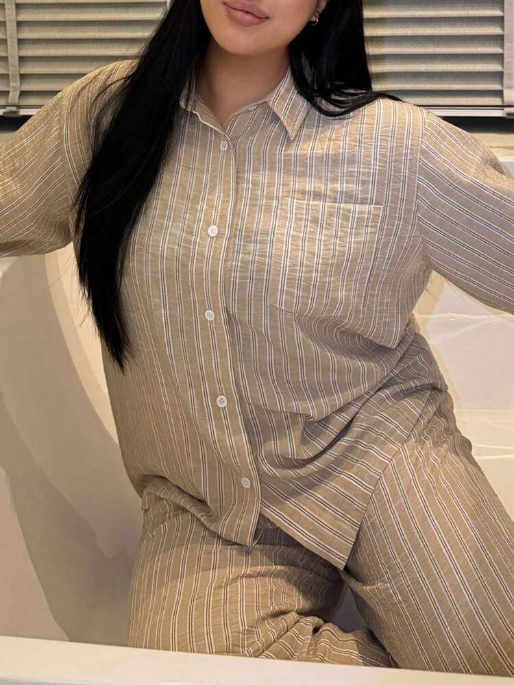 Dazy Plus Plus Size Women Casual Striped Loose Long Sleeve Top And Straight Leg Pajama Pants Set, Cute Sleepwear For Spring And Autumn