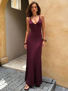 SHEIN BAE 女士性感露背纯色收腰吊带连衣裙，适合夏季度假 - 酒紅色 - 查看 3