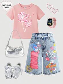 SHEIN Girlism 少女时尚休闲 Y2K 复古酷炫街头 Y2K 水洗宽松高腰蓝色宽松粉色涂鸦印花牛仔长短裤，夏季波西米亚风度假锐舞音乐会街头服饰，百搭时尚，完美契合返校季和户外街头穿搭。 - 藍色 - 查看 5
