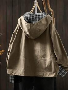 Linhara Plus Size Solid Color Minimalist Casual Hooded Long Sleeve Jacket Summer Jacket Plus Size Shackets For Women Jackets For Women Casual Oversized Jacket Womens Jackets - Khaki - View 2