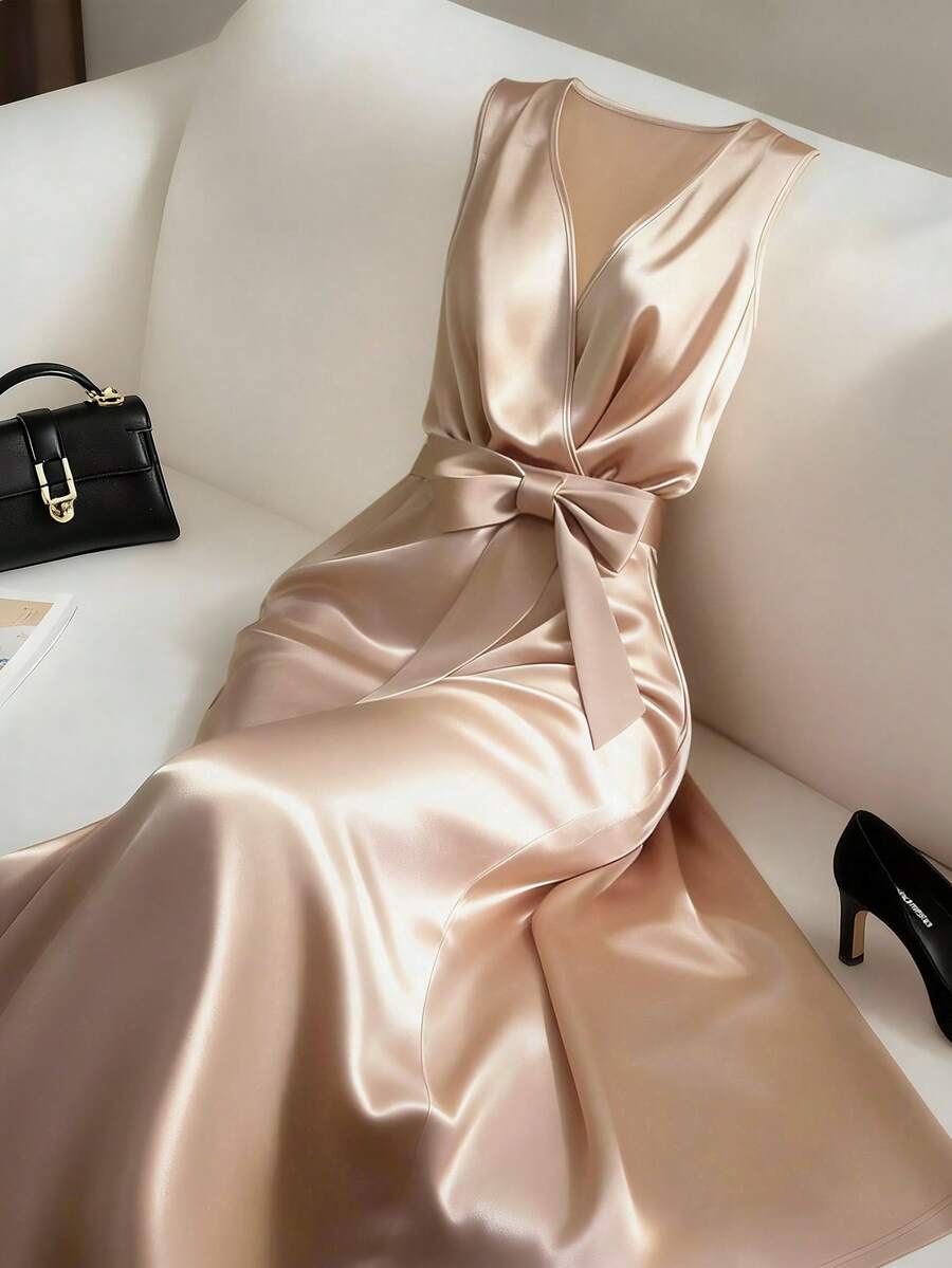 Franclia 女士优雅简约V领无袖收腰修身香槟色缎面长款连衣裙，春夏款 - 香檳色 - 查看 1