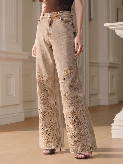Anewsta Quần ống rộng dáng suông cạp cao thời trang nữ, thêu họa tiết khoét rỗng, quần jean denim màu kaki, mùa thu