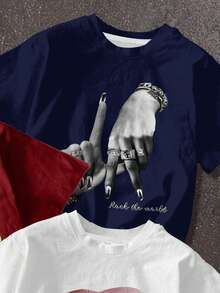 3pcs/Set Teen Girl Casual Minimalist Short Sleeve Round Neck T-Shirts With Personalized Street Hip-Hop Girl Portrait, LA Hand Gesture, Lip Print, Suitable For Street Photography, Daily Casual, Fashion Wear In White, Red, Blue