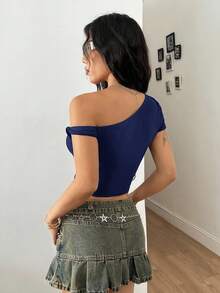 Coolane 女士夏季音乐会街头服饰 Y2K 运动装比赛日图案数字图案舒适不对称领口短款T恤 - 藏蓝色 - 查看 5