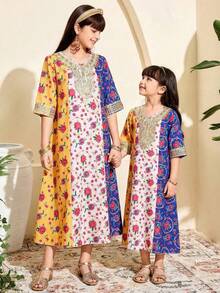 SHEIN Tween Girls' Traditional Arab Maxi Dress,Floral Red Pattern,Golden Trim V-Neck,Pastel Yellow,Autumn,Boho,Family Matching - Multicolor - View 11