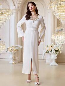 Al Najma Women's Elegant Sequin Embroidered Textured Arabic Style Dress, Autumn - Apricot - View 3