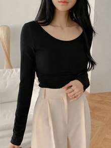 DAZY 女士纯色圆领修身长袖T恤，秋季新品 - 黑色 - 查看 4